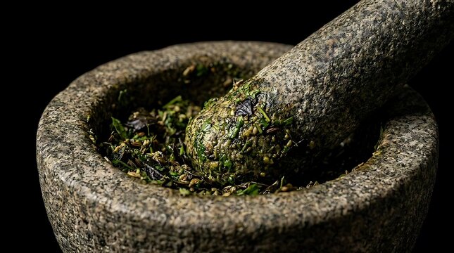 Stone mortar and pestle grinding fresh green herbs.
