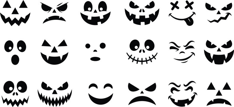 A collection of eighteen distinct black and white jack-o'-lantern face designs arranged in a grid for Halloween pumpkin carving inspiration