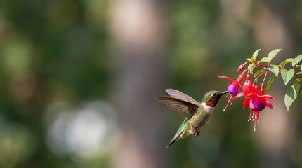 Fototapeta premium Ruby-throated hummingbird hovering and feeding on red fuchsia flowers