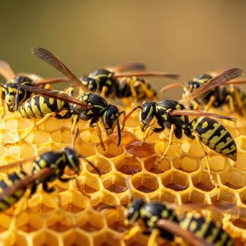 Close up of wasps on a honeycomb in a beehive.