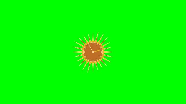 A stylized clock face with sun rays emanating from it, set against a vibrant green background.