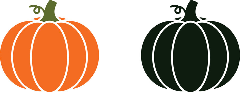 A pair of minimalist flat vector pumpkin illustrations featuring one bright orange pumpkin alongside a dark green silhouette pumpkin isolated together