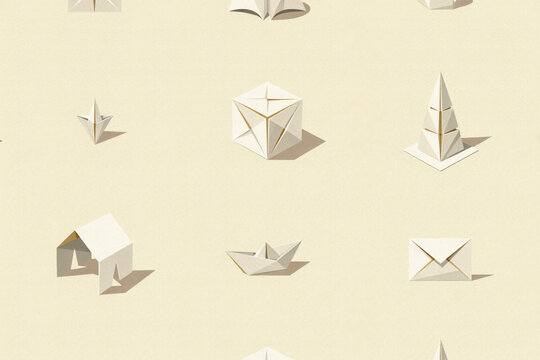 Seamless pattern of white paper origami figures including a boat, envelope, cube, and house on a light beige background, with soft shadows