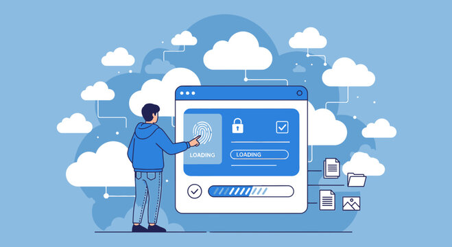 Biometric login, cloud computing, security, user access, progress bar concept