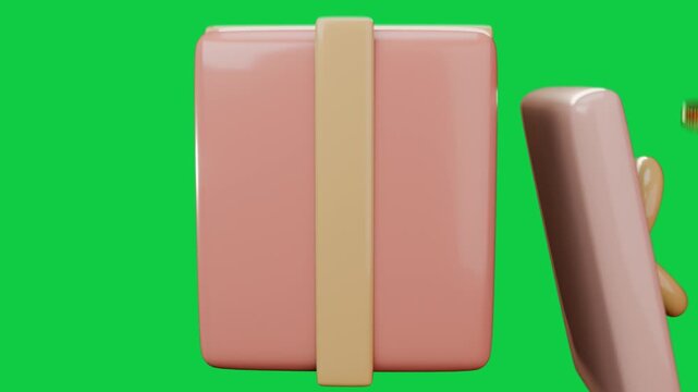 3D pink box rotating, lid sliding off, coins spilling, settling to reveal loot on transparent void