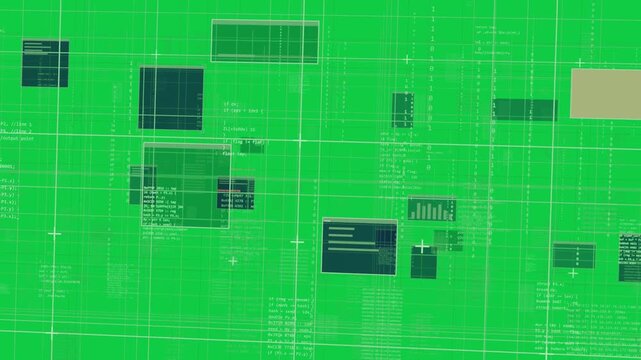 Cam panning right, zooming in, matrix sliding panels revealing code, charts on transparent backdrop
