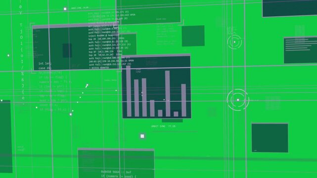Camera sweeping HUD panels, code scrolling, marks aligning to highlight bars on clear backdrop