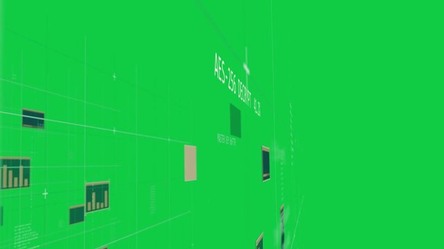 Decrypting AES-256, camera flying 3D teal grid panels rotating, progress updating on transparent BG
