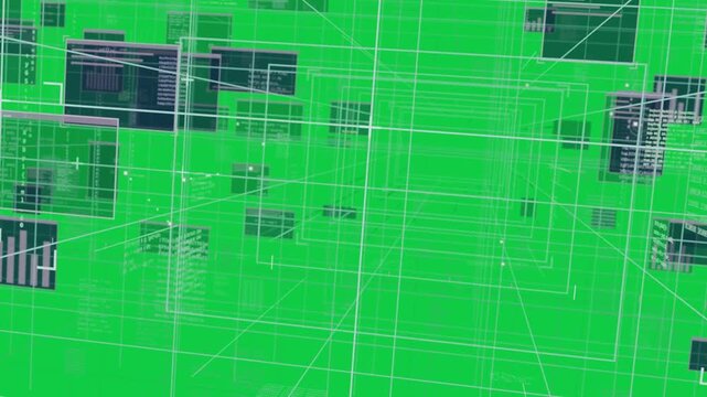 Cam moving forward rolling wire grid forming frames with panels sliding past showing depth clear bg