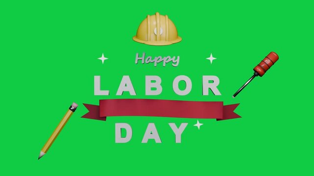 On load 3D greeting building hardhat sliding text forming honoring US workers on transparent canvas