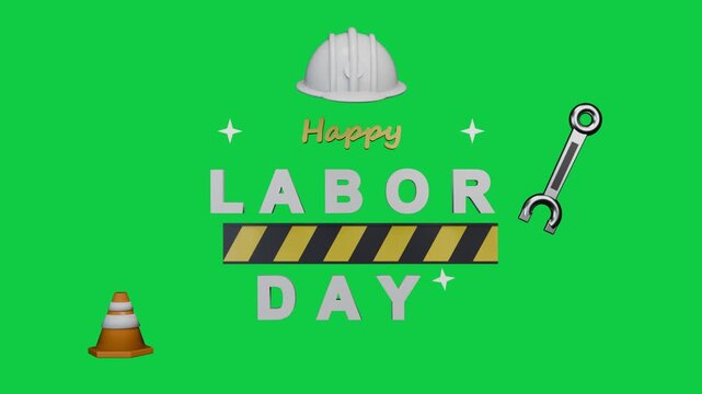 Wrench, hammer sliding, graphics forming Happy LABOR DAY on transparent backdrop honoring labor