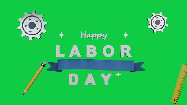 LABOR DAY card forming on transparent background, pencil, ruler sliding, ribbon honoring US worker