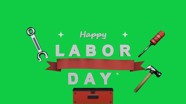 Toolbox rising revealing Happy LABOR DAY tools joining honoring US worker on transparent background