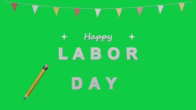 Flags starting Happy LABOR DAY animating, ruler gliding, confetti on transparent bg celebrating