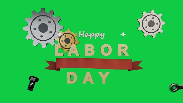 Happy LABOR DAY forming on transparent canvas wrench coming gears sliding ribbon honoring workers