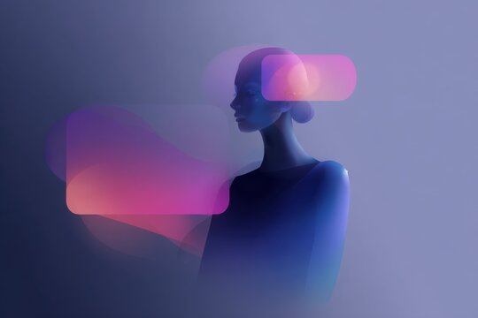 Abstract futuristic ai chatbot humanoid silhouette with glowing chat bubbles for modern ui background and interface design
