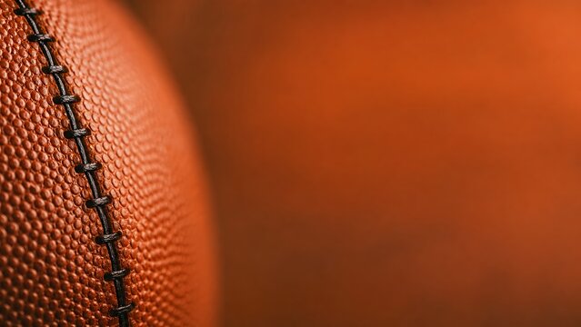 Macro close-up texture of leather basketball pebbled surface and black seam line with copy space background, highlighting professional sports equipment detail, basketball grip, and athletic background