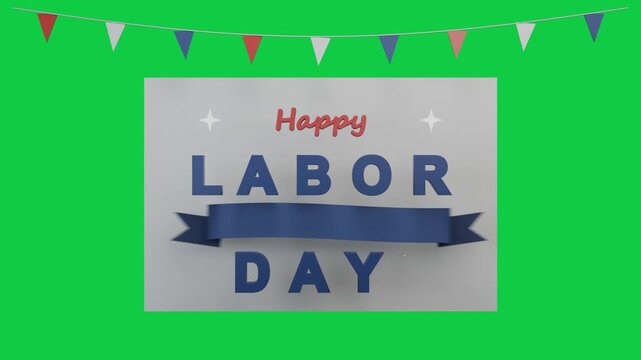 Center mark appearing, gray card fading and forming LABOR DAY, honoring US labor, transparent bg