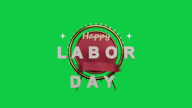Maroon line starting badge scaling, Happy LABOR DAY forming, ribbon honoring US worker, transparent