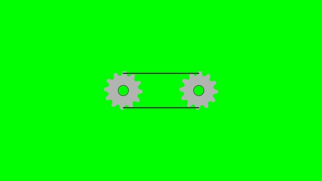 Simple animation of two gears connected by a belt on a green screen background.