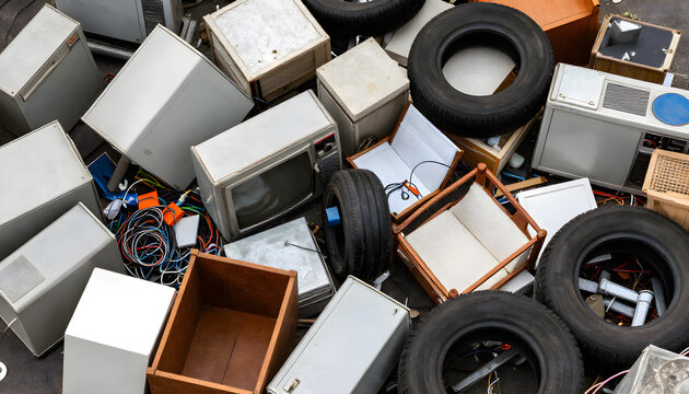 Pile of discarded household waste and junk. Old electronics and tires in a landfill dump.