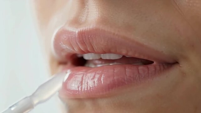 Macro close-up of a woman applying clear hydrating lip serum or gloss with a plastic applicator for a healthy, moist, and shiny finish.