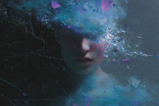 Fragmented cyberpunk portrait with teal and purple particle explosion for futuristic background and glitch banner design