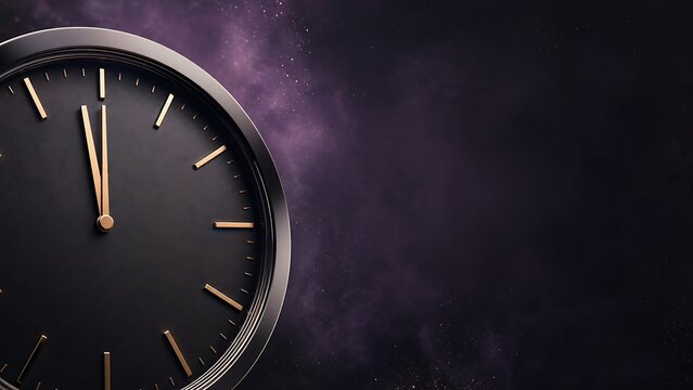 Modern black clock with golden hands pointing almost to midnight against purple nebula background with copy space, symbolizing new year countdown, deadline urgency, and luxury time concept.