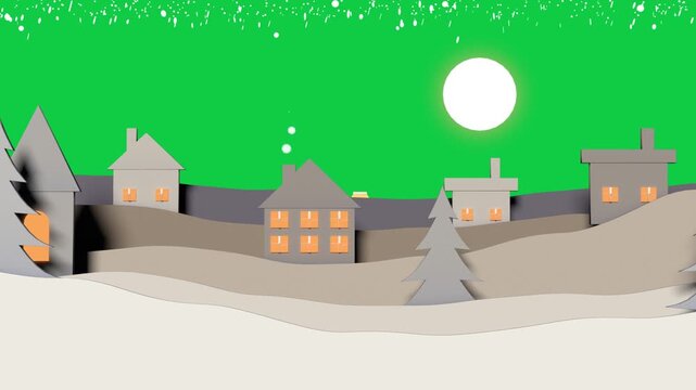 Village unfolding; orange orb appearing; lanterns rising; snow falling; calming; BG transparent
