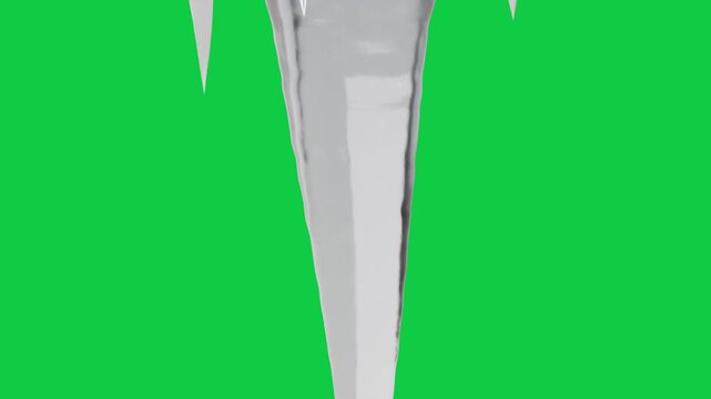 Glossy icicle cone forming droplet at tip from melting on transparent backdrop, droplet falling