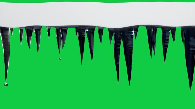 Glassy icicles growing from ice ridge, drip forming falling droplets sparking on transparent black