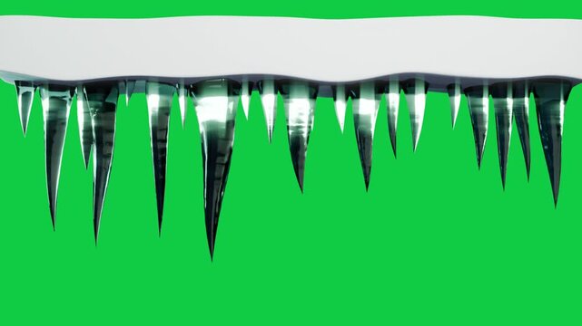 Green pulse moving under shelf urging icicles growing glowing forming row on transparent background