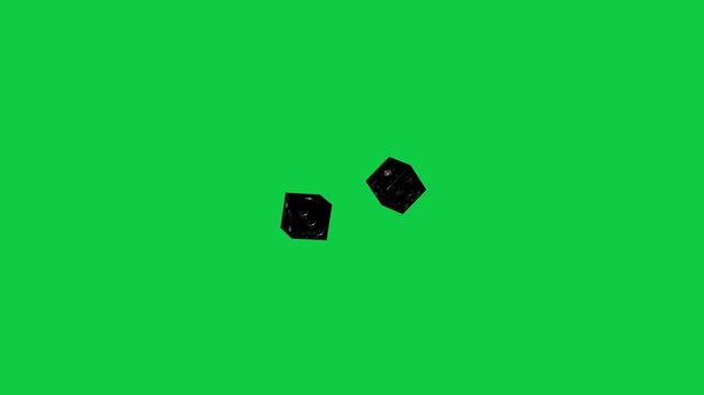 Glinting light revealing 2 black dice tumbling rotating settling showing shiny pips on transparent