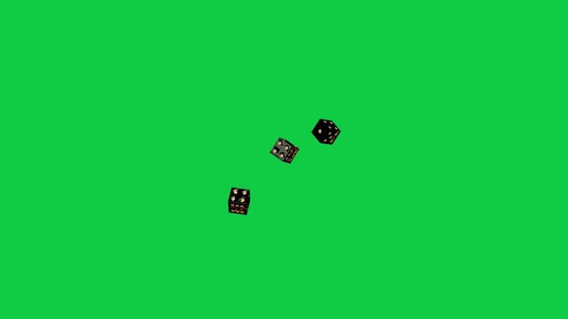 Three glossy dice appearing, tumbling down-left, spreading to show motion on transparent backdrop