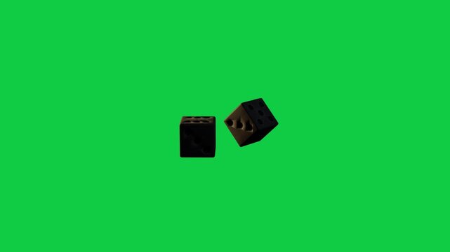 Appearing two dark dice rotating and aligning adjacent transparent bg showing pips under warm light
