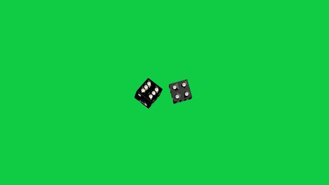 Spawn 3D black dice tumbling, colliding, slowing, settling on transparent bg showing double four