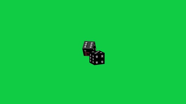 On play black dice rotating, aligning, settling while showing white pips on transparent background