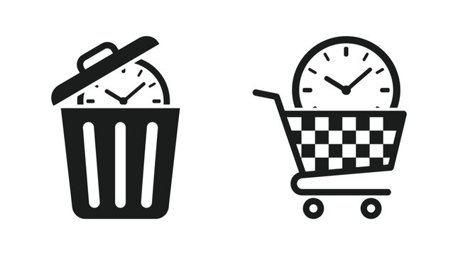 Trash bin and shopping cart icon set with clock for wasting and saving time design