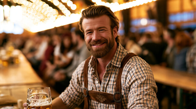 Photorealistic premium commercial lifestyle photograph of a man in traditional Bavarian lederhosen with suspenders and a checked shirt sitting at a long wooden beer tent bench, hol