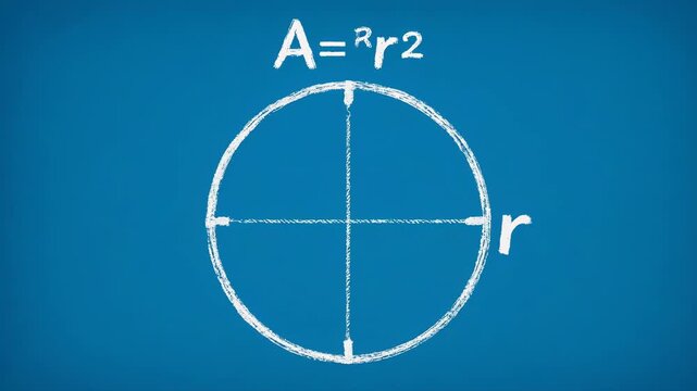 Circle geometry formula displayed with radius and area in animated graphic on blue background