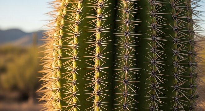 Close up of tall green cactus with sharp spines in desert.