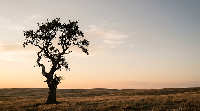 Solitary gnarled tree standing in rolling hills at sunset