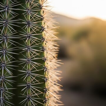 Close up of spiny cactus plant in desert landscape.