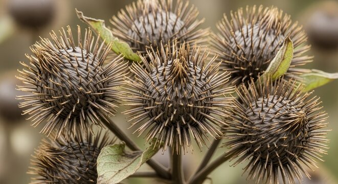 Close up of spiky burdock burrs in natural light.