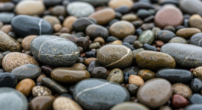 Close up of smooth colorful river pebbles and stones.