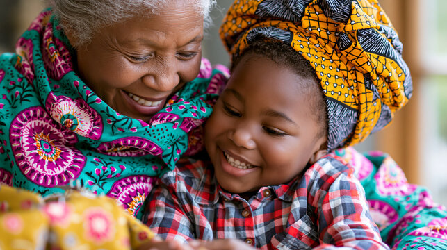 Grandmother and granddaughter sharing a joyful sewing moment together, traditional skill-sharing, family bonding , with copy space