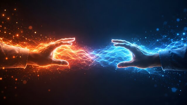 Energy collision connection concept with two hands transferring orange fire and blue lightning power representing conflict or synergy