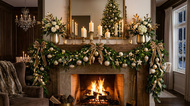 Festive Christmas fireplace with decorated mantel. Cozy holiday scene with candles and greenery