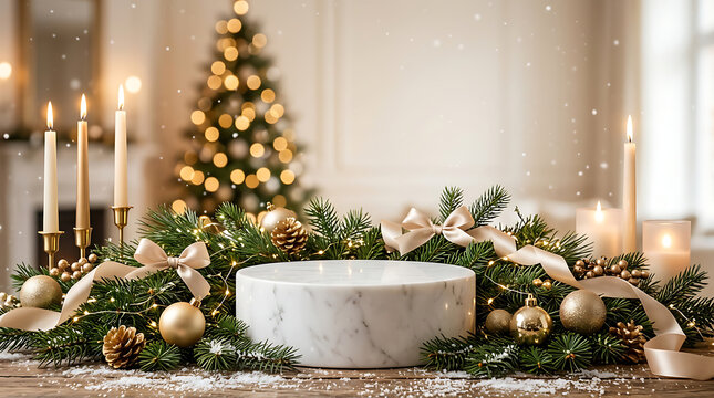 Festive Christmas table centerpiece with candles and ornaments. Elegant holiday decor for seasonal celebrations.