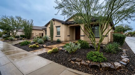 Fototapeta premium Beautiful single story suburban house with a garden and desert landscaping in a quiet neighborhood. arizona front yard